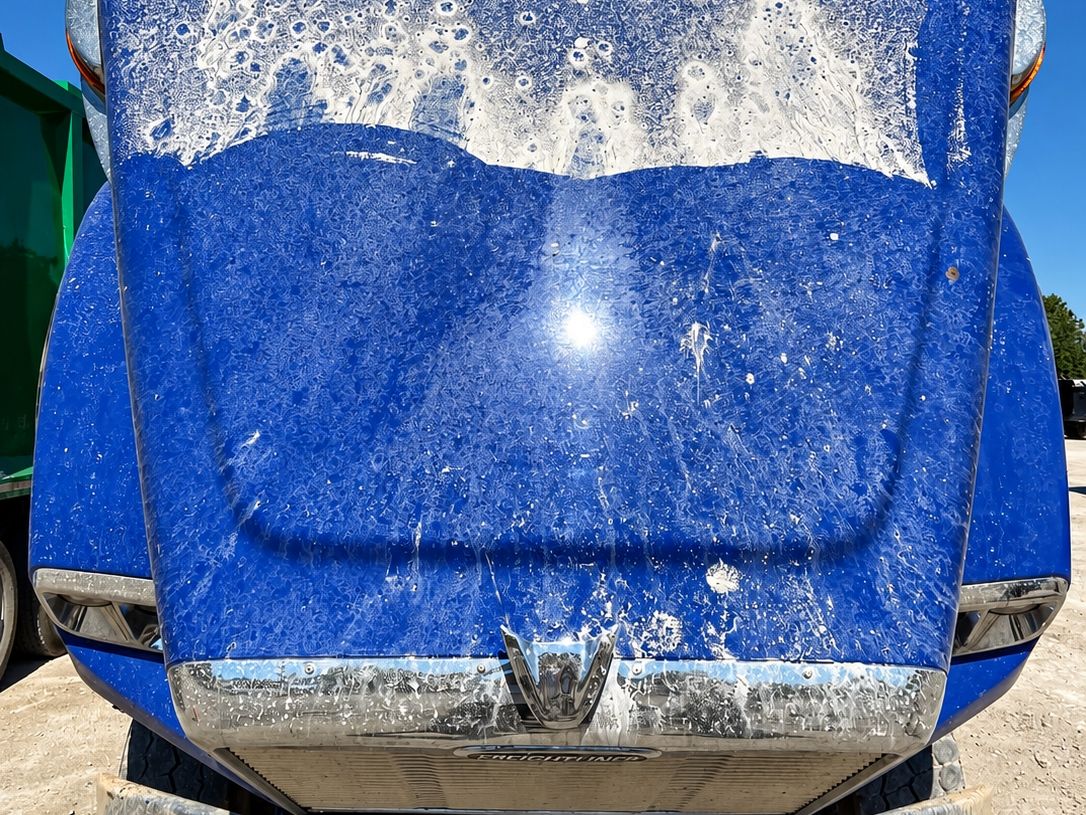 Blue truck with the hood raised and the hood crusted with white mineral spots and foam.